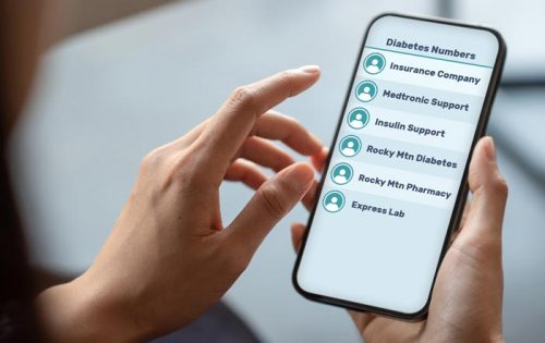 Cell phone with saved number on display, including diabetes supply reordering with Rocky Mountain Pharmacy in Idaho Falls.